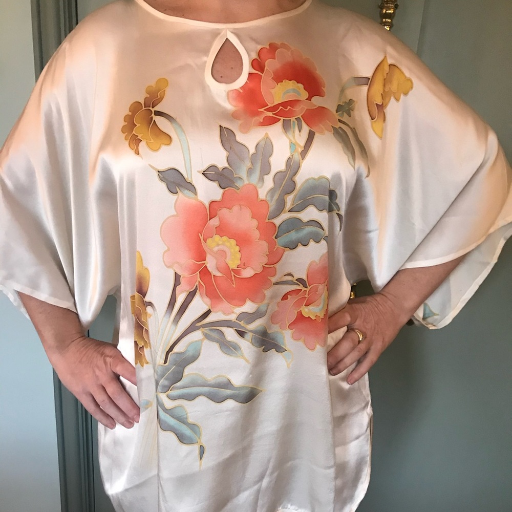 Silk Ivory Print Keyhole Blouse
